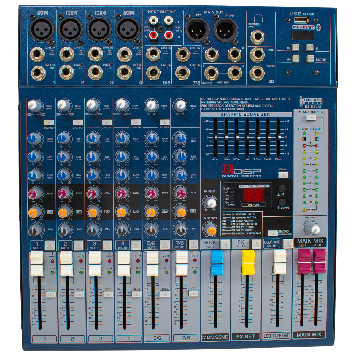 CONSOLA ANALOGA, 8 CANALES, 4 MONO/2 ESTEREO, INTERFAZ USB, BT, MP3