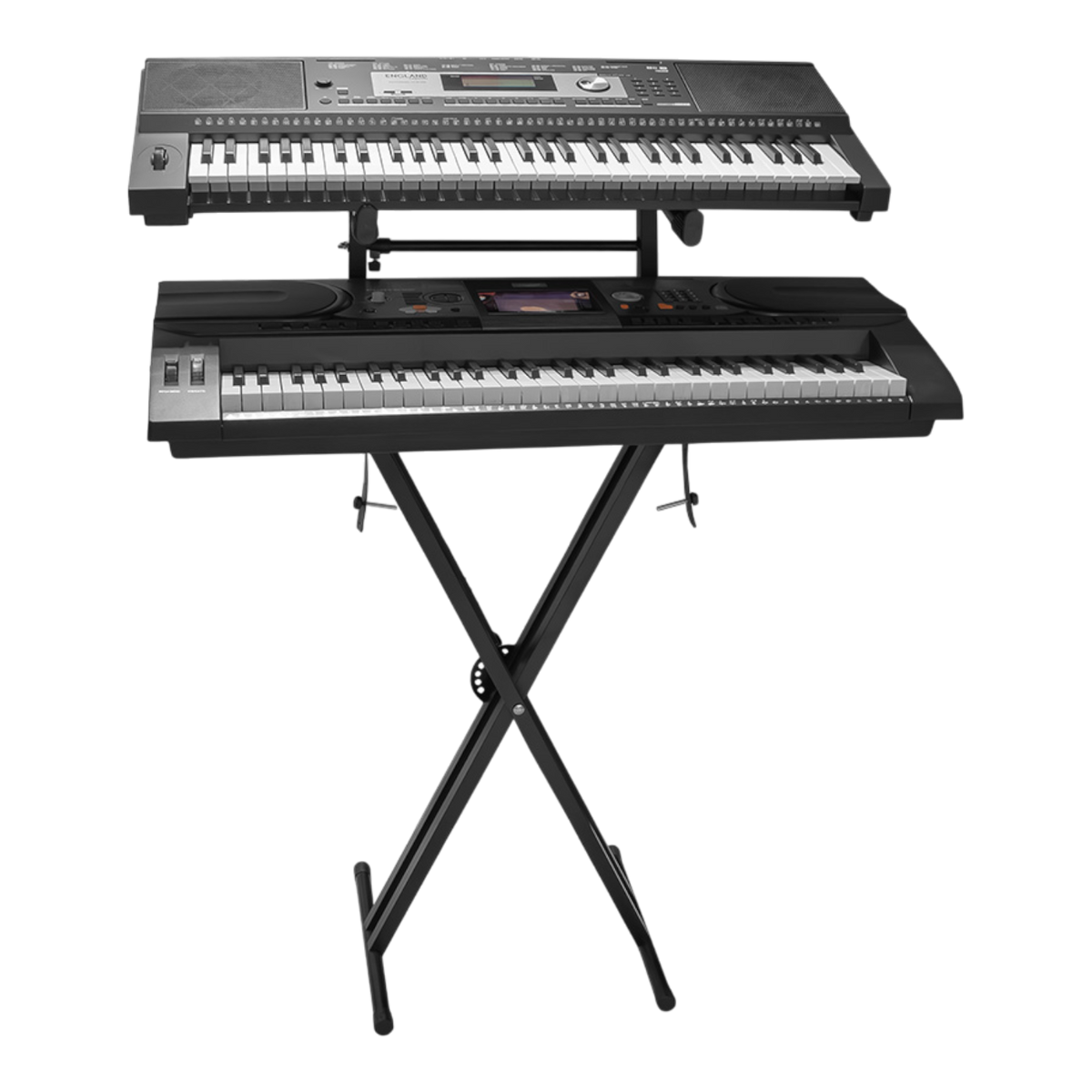 SOPORTE DE PISO PARA TECLADO DOBLE CON SEGUNDO NIVEL,  ALTURA 32-126CM