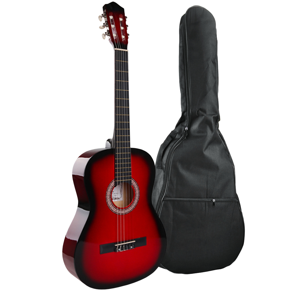 GUITARRA ELECTROCLASICA 39", COLOR ROJO, INCLUYE  BOLSO, SET DE CUERDAS, CAPO TRASTE, AFINADOR, CORREA, VITELA Y ENRROLLADOR DE CUERDAS