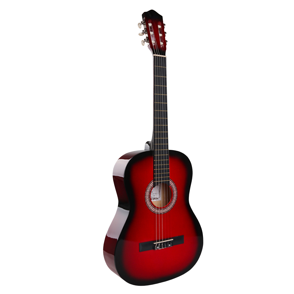 GUITARRA CLASICA 39", COLOR ROJO, INCLUYE BOLSO, UN JUEGO DE CUERDAS DE REPUESTO, CAPO TRASTE, AFINADOR, CORREA, VITELA Y ENRROLLADOR DE CUERDAS