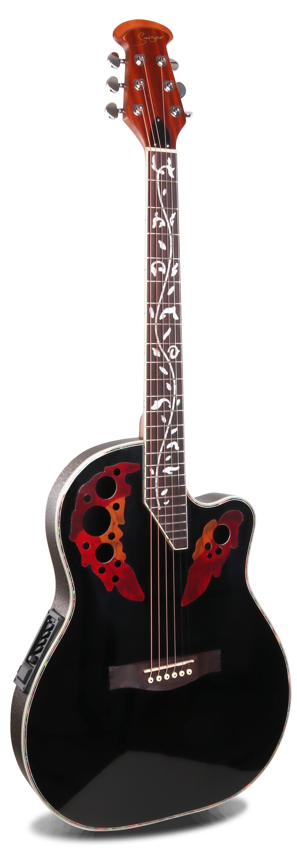 GUITARRA ELÉCTROACUSTCA COLOR NEGRO, MODELO OVATION ESCALA 41 PULG., TAPA ABETO, FONDO PLASTICO ABS, DIAPASON DE PALISANDRO