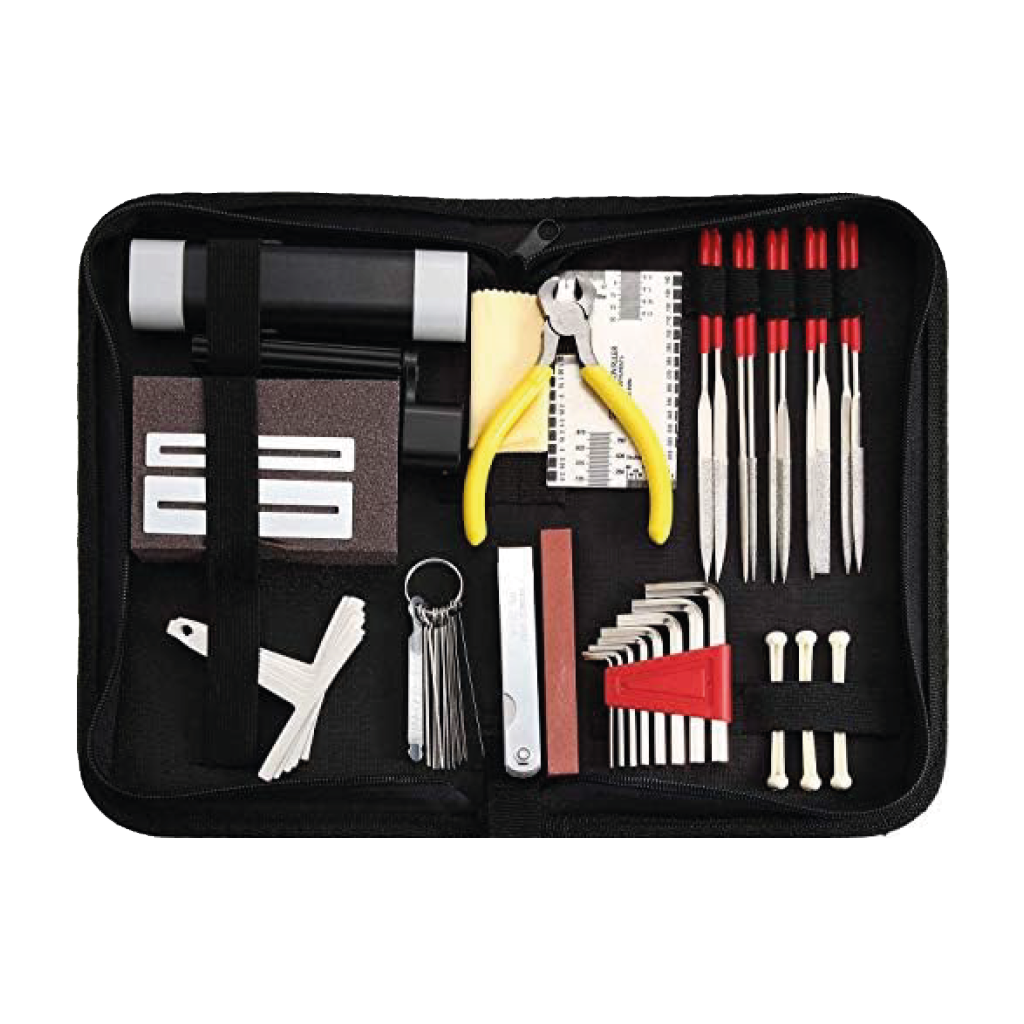 KIT DE HERRAMIENTAS PARA CALIBRAR GUITARRAS, INCLUYE PINZA DE CORTE, ENRROLLADOR DE CUERDAS, GALGAS, REGLA DE ALTURA DE CUERDAS, LIMAS, LIJA, PROTECTOR DE TRASTES