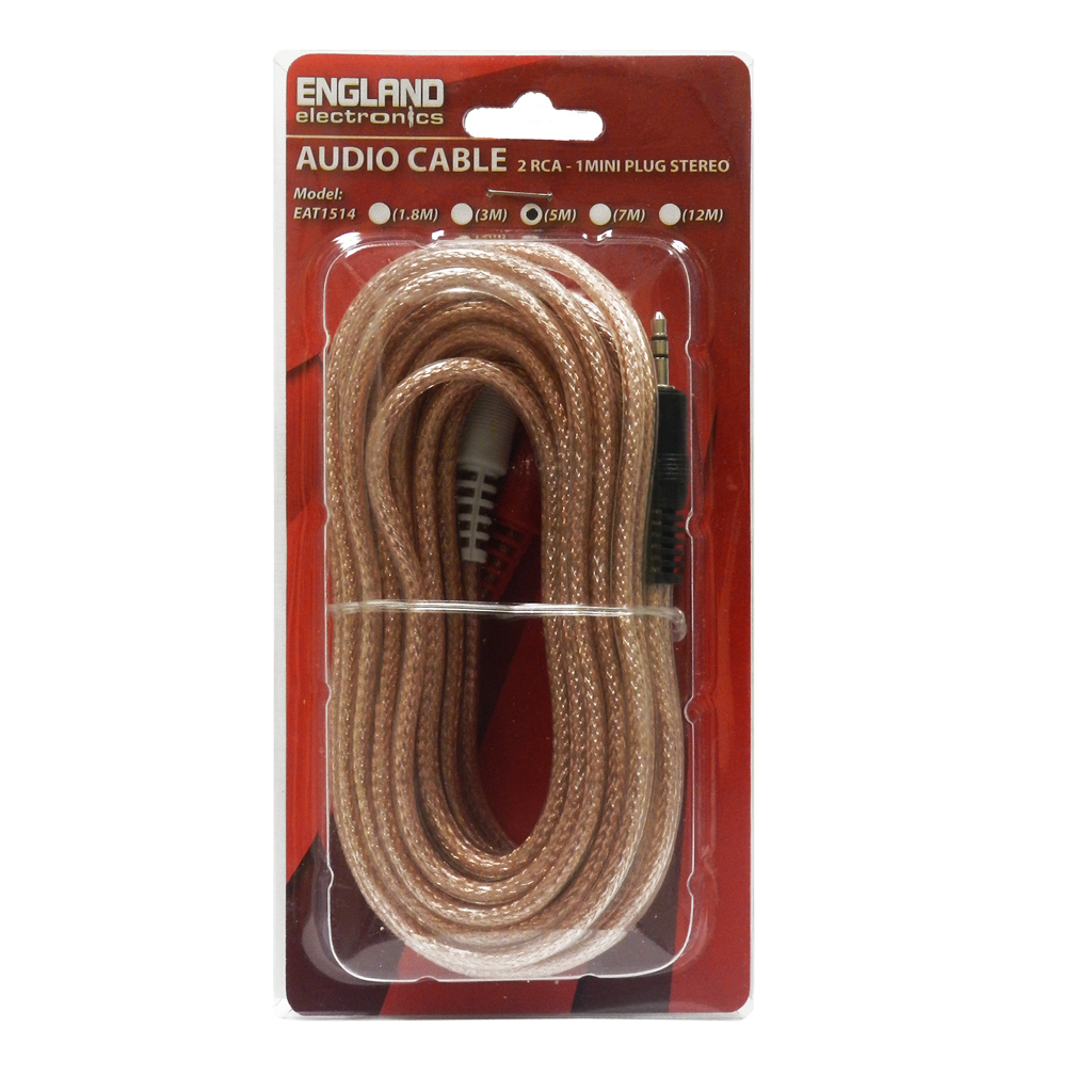 CABLE DE AUDIO TRANSPARENTE, 2 PLUG RCA A PLUG 3.5MM, CCS/CCA, 5MTS
