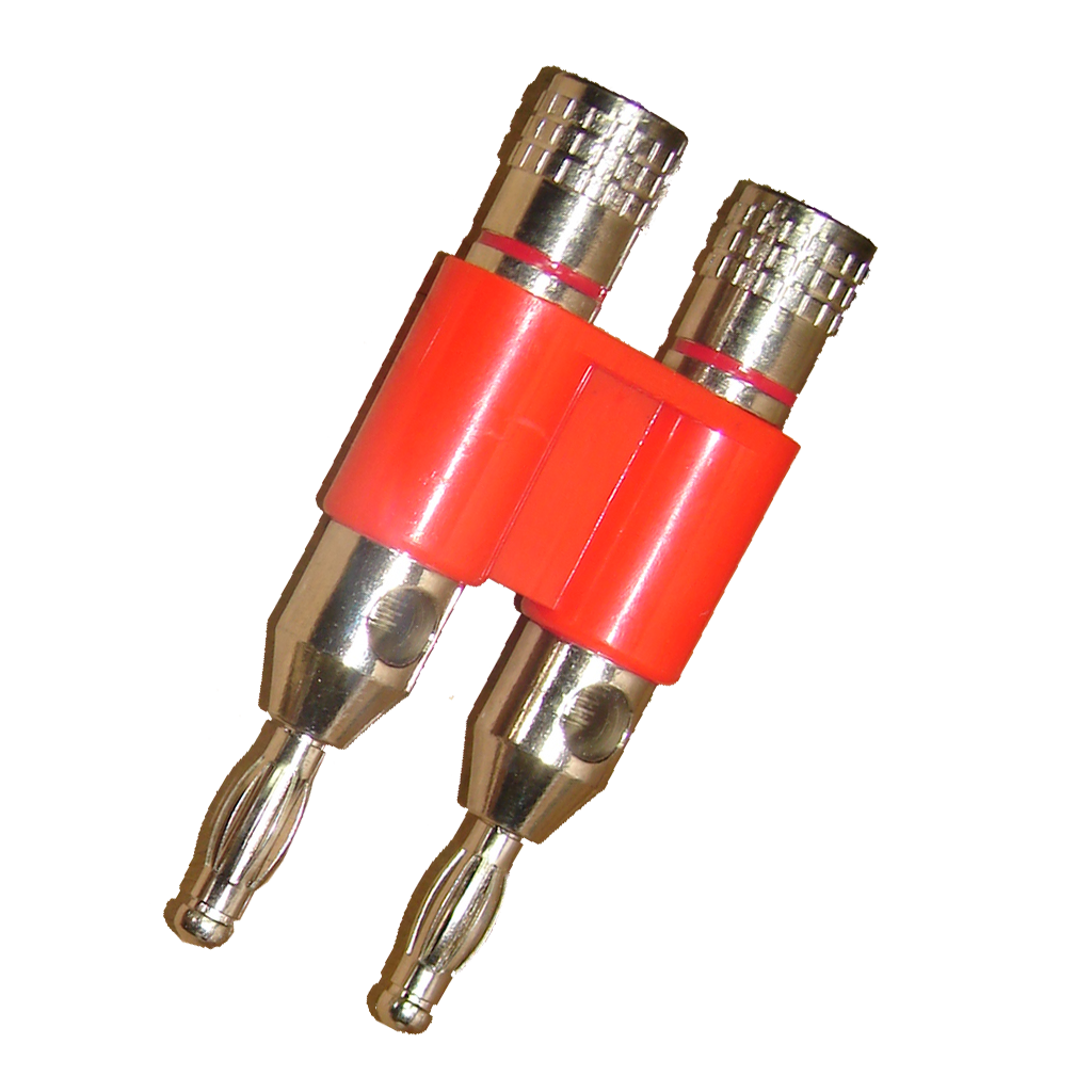 PLUG BANANA DORADO DOBLE, GRUESO, ROJO, PLASTICO