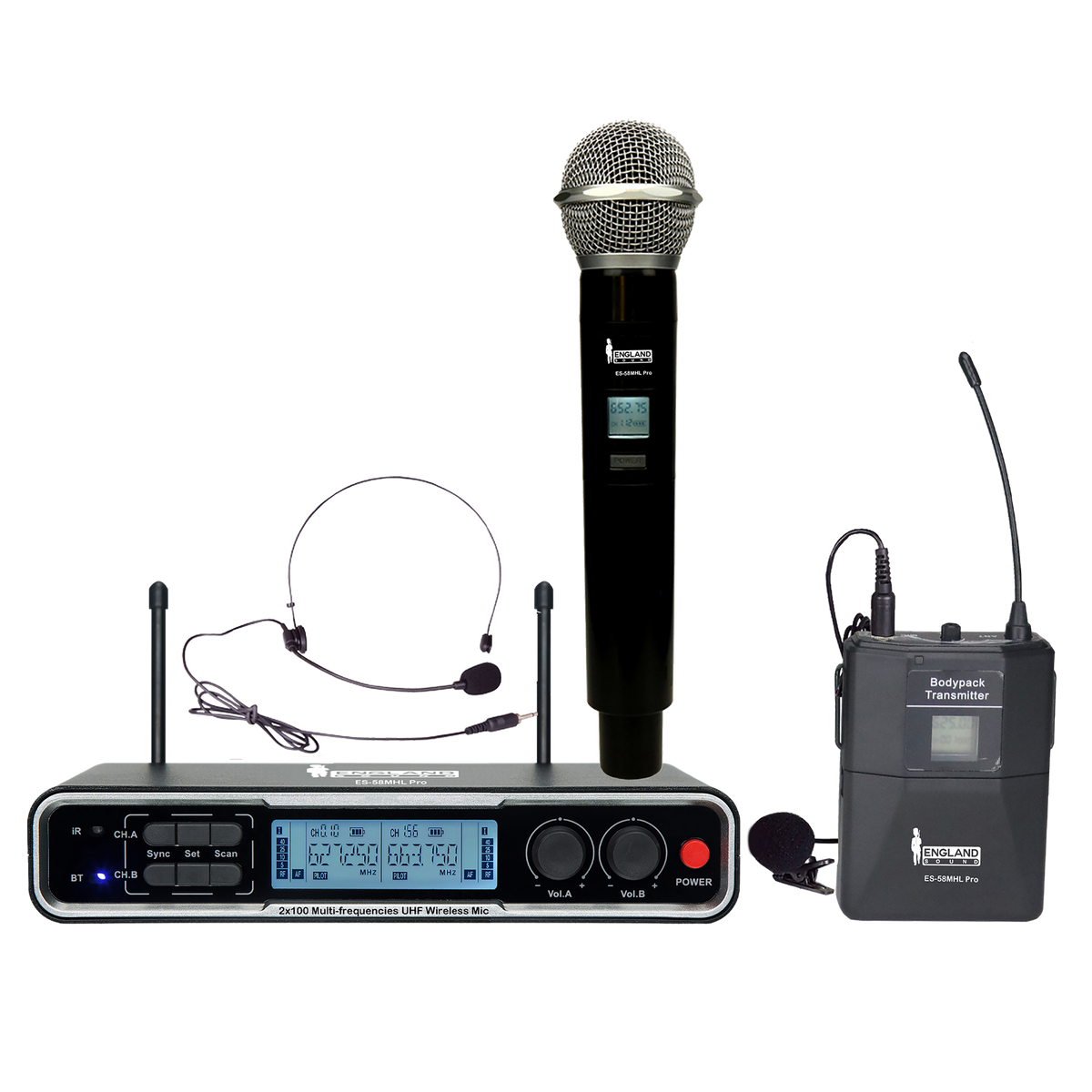 MICROFONO INALAMBRICO UHF DIVERSITY MULTIFRECUENCIA, 2 CANALES, DE MANO/DE DIADEMA Y CORBATA, CARCASA METALICA, BT, INCLUYE MALETA ES-58MHL PRO