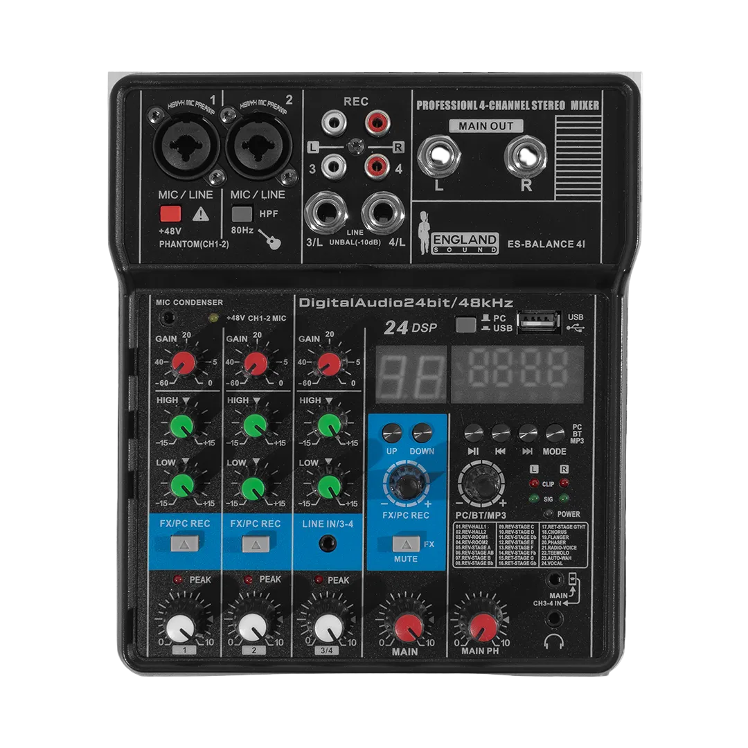 CONSOLA ANALOGA, 4 CANALES, 2 MONO/2 ESTEREO, INTERFAZ USB, BT, MP3 ES-BALANCE 4I