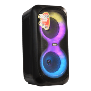 CAJA AMPLIFICADA CON BATERIA 2X6", REPRODUCTOR ANALOGICO DIGITAL, ENTRAJA JACK 1/4, 3.5MM, BASS & TREBLE, LUZ LED RGB, INCLUYE UN MICROFONO